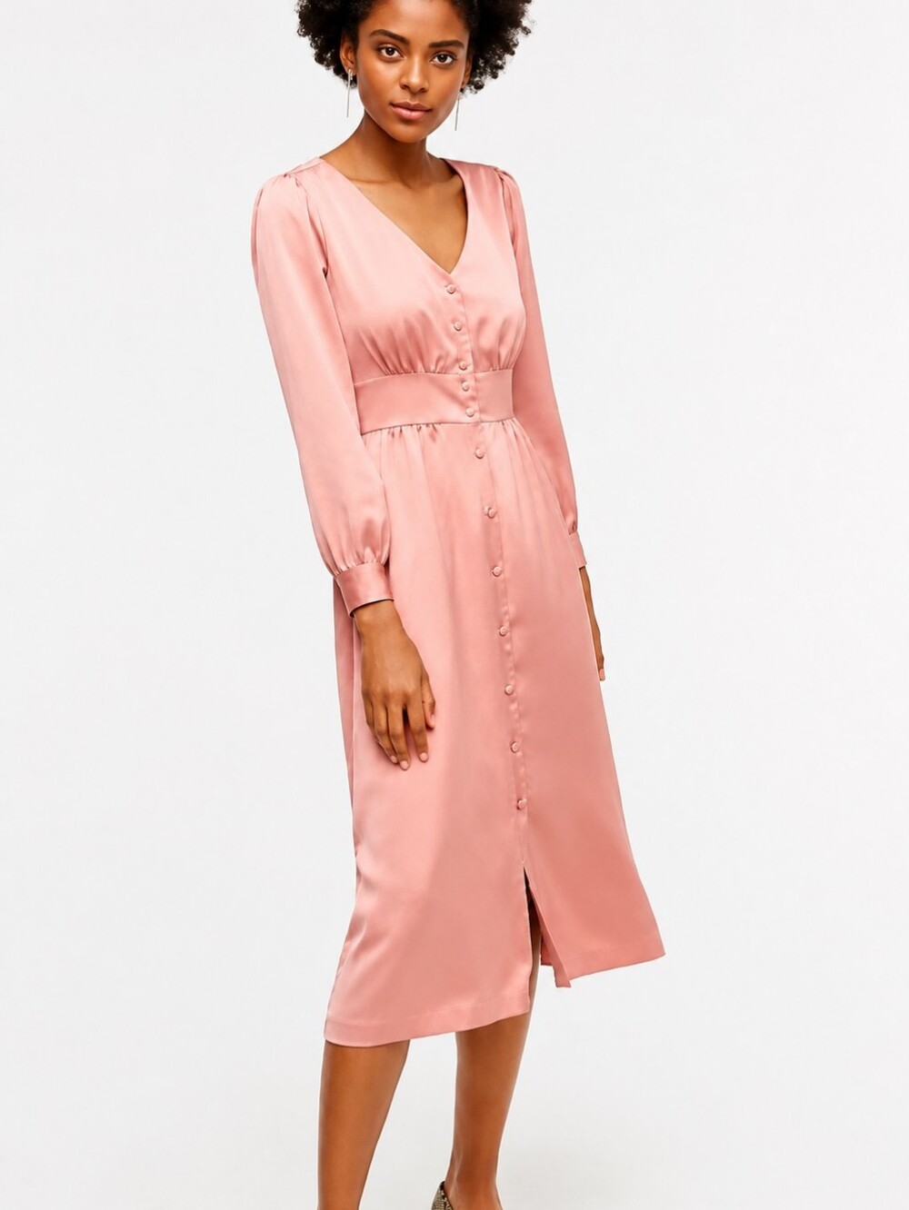 NWT J. CREW Pink Satin Long Sleeve Button Front A-line Midi Dress